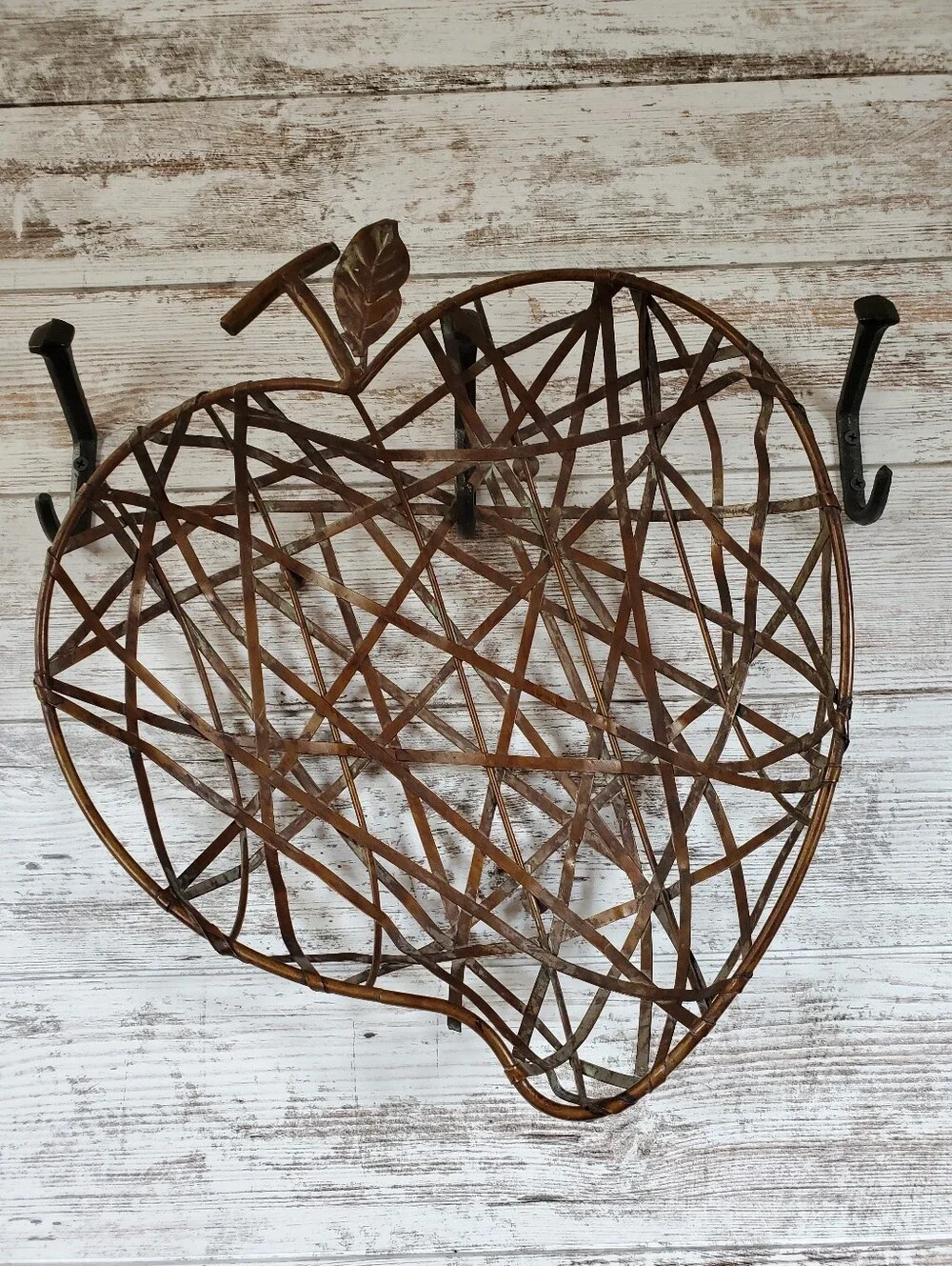 Vintage Apple Shaped Metal Wire Basket Copper Patina Farmhouse Decor Centerpiece